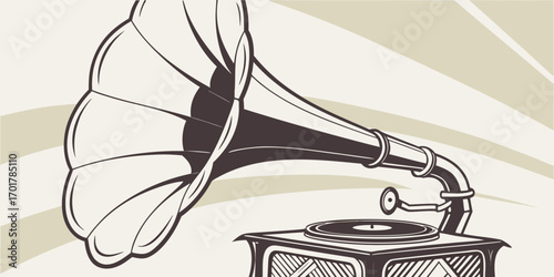 Vintage gramophone design evokes nostalgia, offering timeless elegance for music lovers and historical themes, perfect for adding a touch of class to any project
