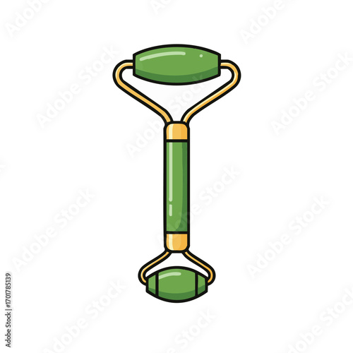 An elegant cartoon illustration of a green jade facial roller with golden accents, symbolizing beauty, skincare, and relaxation rituals.