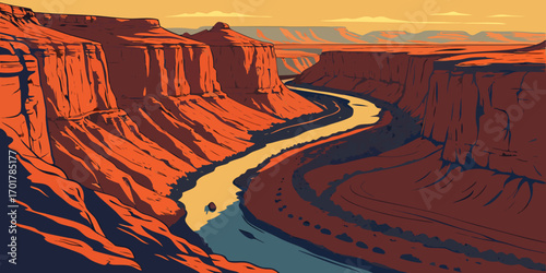 Breathtaking canyon landscape with winding river, perfect for travel brochures, adventure blogs, or nature-themed websites. Evokes a sense of exploration and scenic beauty