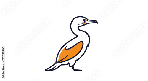 Side view of a cartoon cormorant bird, orange underwings, white body, detailed beak and eye, simple line art style.