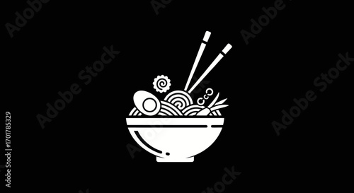 White bowl of noodles with chopsticks and egg.