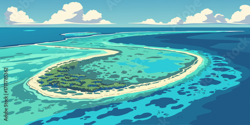 Discover paradise with this stunning aerial view of a tropical island, turquoise water, and pristine beaches, perfect for travel brochures and vacation promotions