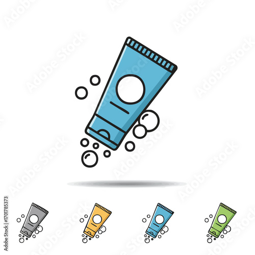 A clean, illustrative icon features a light blue tube, likely for cosmetic cream or foaming cleanser, surrounded by playful bubbles, symbolizing modern beauty and hygiene.
