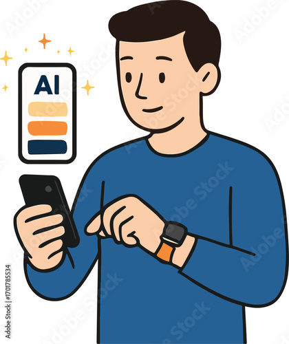 Man adjusting watch AI shows suggested strap color chips on phone Illustration