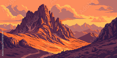 Breathtaking mountain landscape with dramatic peaks, warm sunset tones and distant figure for adventure and exploration themes, originally created as scalable vector graphic