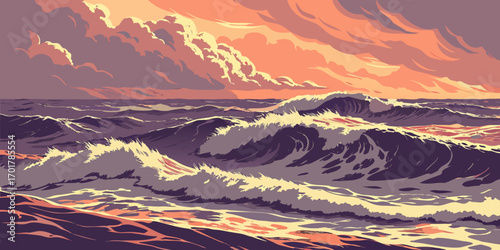 Breathtaking ocean waves at sunset evoke peace and tranquility, perfect for travel blogs, coastal decor, and serene meditation apps, vector art aesthetic