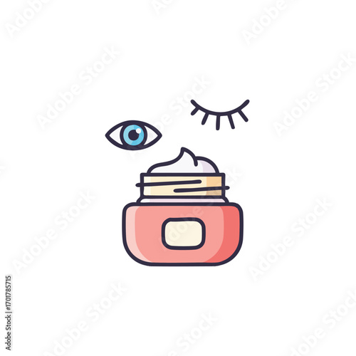 This vibrant illustration depicts an open jar of luxurious eye cream, symbolizing essential cosmetic skincare for delicate under-eye areas, promoting beauty and rejuvenation.