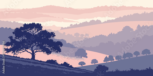 Serene twilight landscape featuring rolling hills, scattered trees, and a tranquil, dreamy atmosphere perfect for nature lovers seeking peace and calm
