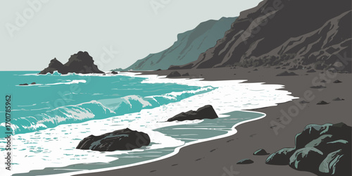 Dramatic coastal vista with turquoise waves crashing on a dark sand beach, rugged cliffs meeting the sea, a peaceful yet powerful landscape for travel and nature inspiration