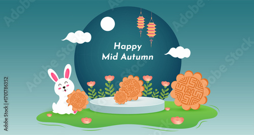 Happy Mid Autumn Festival celebration pedestal podium background, cute bunny with moon cakes. Vector Illustration.