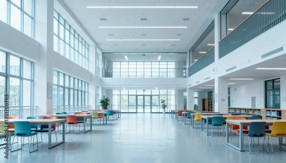 Fototapeta premium Spacious Modern University Library Interior with Tables, Chairs, and Abundant Natural Light for Learning