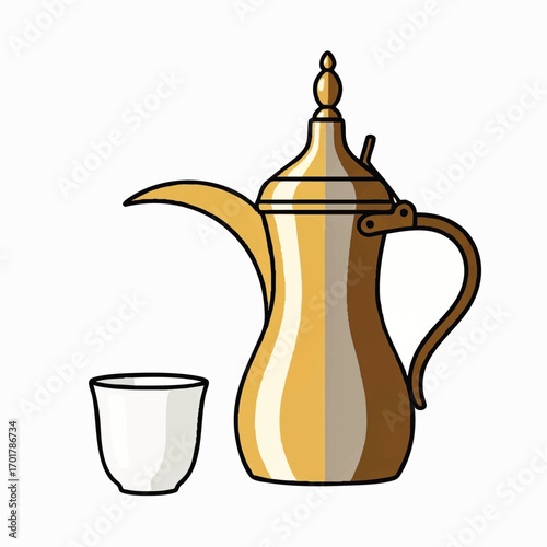 A cartoon illustration of a traditional golden Arabic dallah coffee pot and a white finjan cup.