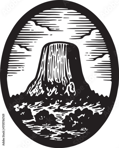 Linocut etching of Devils Tower Wyoming USA national monument black and white vector illustration