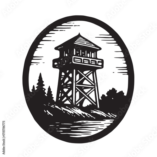 Linocut etching of fire lookout tower in USA forest landscape black and white vector illustration
