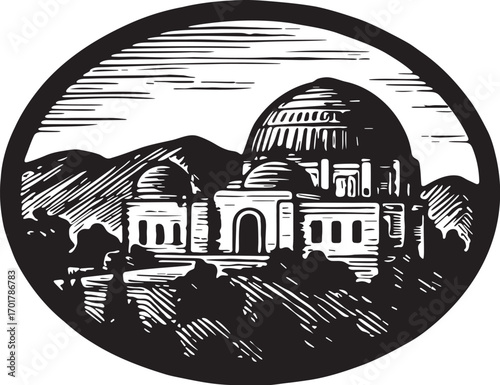 Linocut etching of Griffith Observatory Los Angeles California USA landmark black and white vector illustration