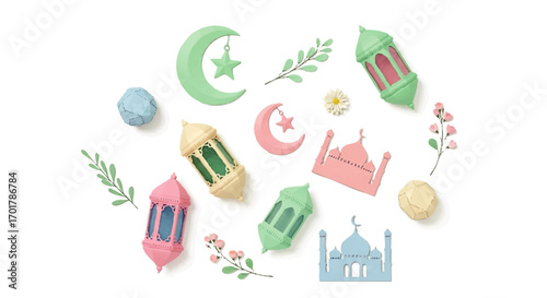 A charming collection of pastel-colored Islamic symbols like lanterns, mosques, and crescent moons in a 3D papercraft style.