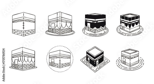 A collection of eight isometric line art icons depicting the holy Kaaba of Mecca in various styles.