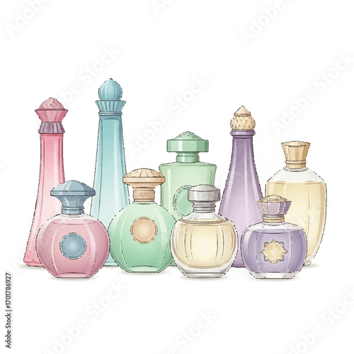 A collection of elegant, pastel-colored perfume bottles in a delicate watercolor and ink sketch illustration style.