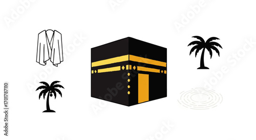 A collection of Islamic Hajj pilgrimage icons, including the Kaaba, Ihram, and palm trees.