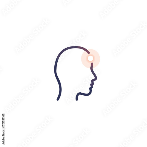 A minimalist line art illustration depicts a human head profile with a glowing spot indicating pain or thought, symbolizing mental discomfort or active thinking.