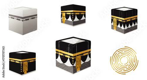 A collection of stylized isometric vector illustrations of the holy Kaaba from Mecca.
