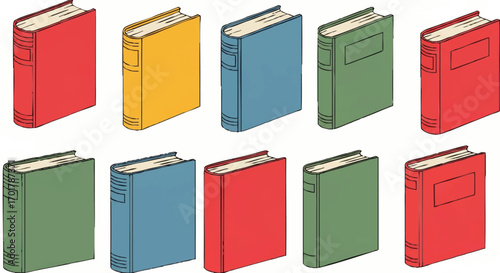 A collection of ten colorful, hand-drawn hardcover books standing upright in two rows.