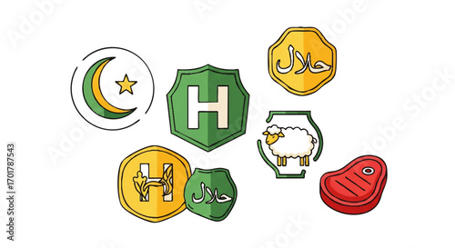 A colorful collection of hand-drawn Halal food certification icons, including Arabic script, a sheep, and a steak.