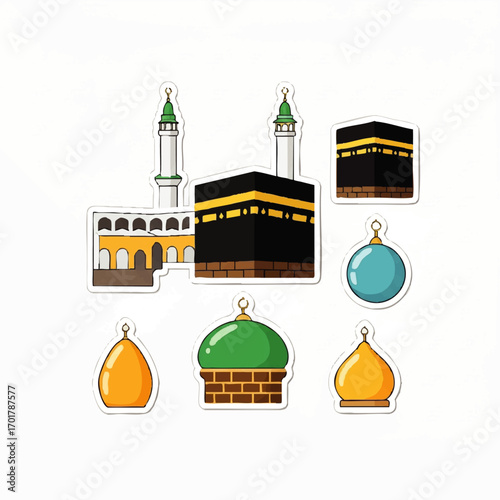 A colorful collection of cartoon stickers depicting Islamic architecture, including the Kaaba and mosque domes.
