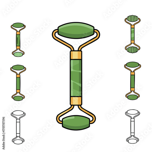 A collection of cartoon illustrations depicting various jade facial rollers, including smooth and textured designs, for skincare and beauty routines.