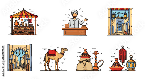 A colorful set of Middle Eastern cultural icons, including a camel, market stall, and traditional Arabic architecture, in a flat line art illustration style.