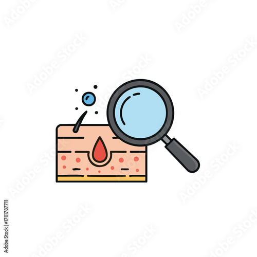 A magnifying glass meticulously examines a cross-section of skin, illustrating the intricate details of pores, follicles, and potential dermatological conditions.