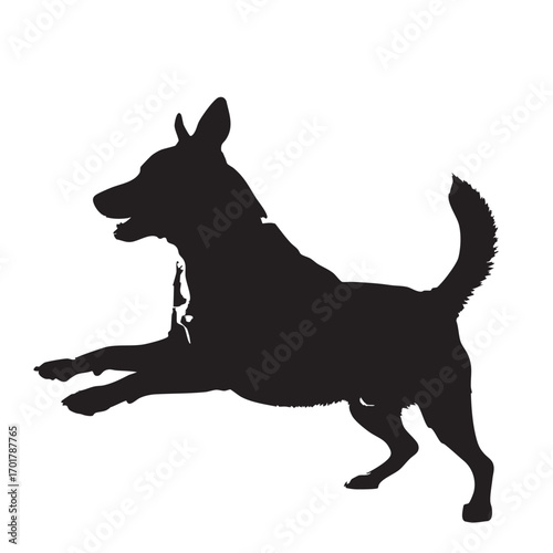 A dynamic black and white silhouette of a dog jumping, , capturing the energy and agility of a canine in motion, perfect for petrelated designs