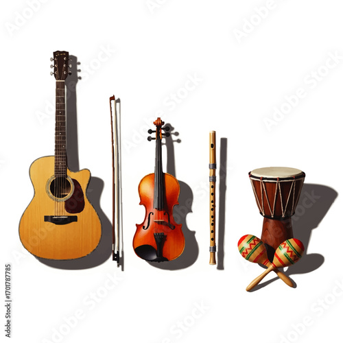 A diverse collection of acoustic musical instruments including a guitar, violin, flute, djembe drum, and maracas.