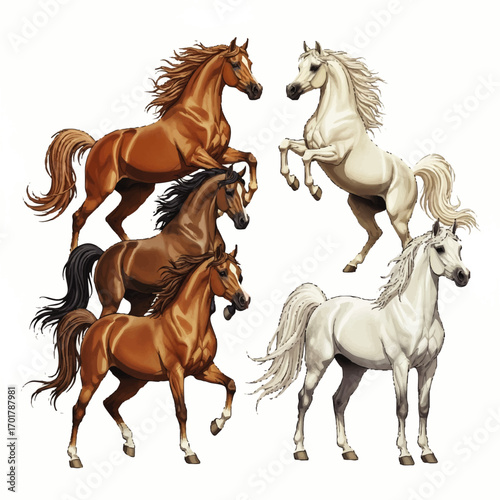 A dynamic collection of five illustrated Arabian horses, featuring brown and white coats, rearing and trotting with flowing manes and tails.