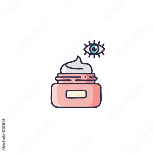 A charming flat illustration depicts a pink cosmetic jar filled with eye cream, accompanied by a stylized eye icon, symbolizing beauty and skincare.