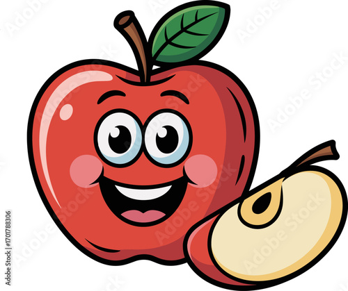 A happy cartoon red apple with a smiling face stands next to a slice of apple showing its core and seeds the apple is shiny red with a green leaf on its stem