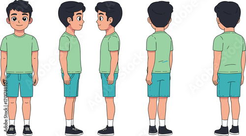 Cartoon boy character turnaround, front side back views, animation reference sheet, kid model design, stock illustration, vector pose guide