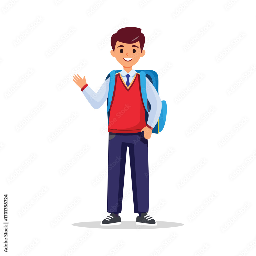 Obraz premium Teenage Schoolboy in Red Vest Uniform with Backpack - AI Generated