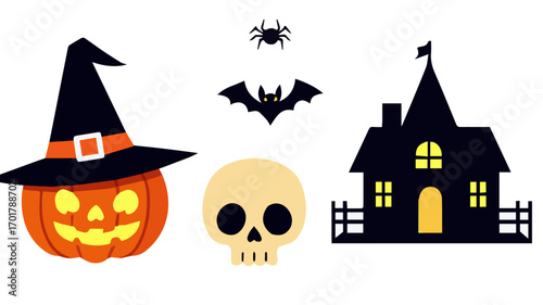Halloween Vector Set of Spooky Elements, Jack O Lantern Skull Haunted House Bat and Spider Illustrations for Holiday Design.