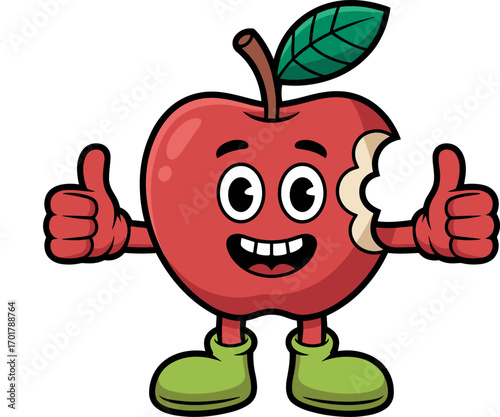 A Cheerful Cartoon Apple Character Giving a Thumbs Up with a Bite Taken Out of It and Green Shoes Symbolizing Health and Goodness