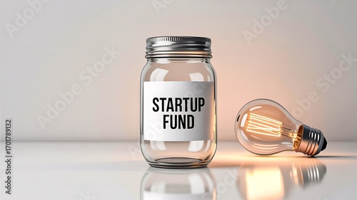 A glass jar labeled startup fund with a glowing light bulb beside it
