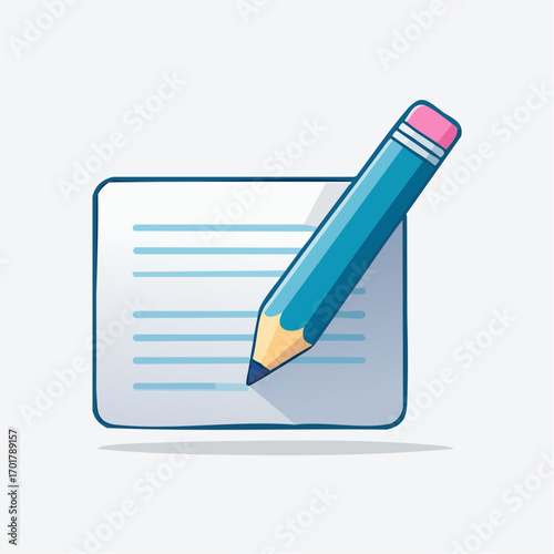 Illustration of a blue pencil writing on a notepad with a white background graphic