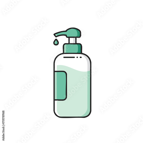 A clean, minimalist vector illustration depicts a pump bottle dispensing a single drop of liquid, symbolizing hygiene, cleanliness, and personal care products.