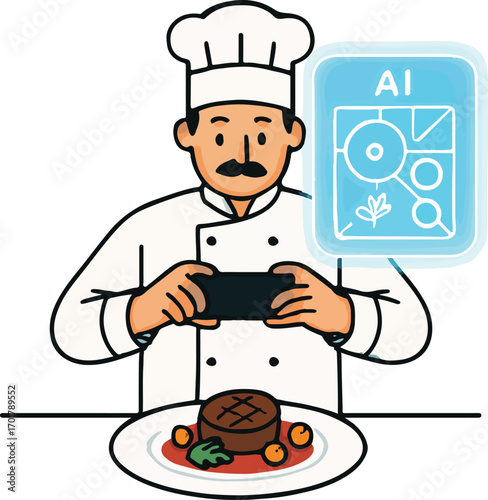 Home chef using AI to arrange plating layout overlaid on the photo Illustration