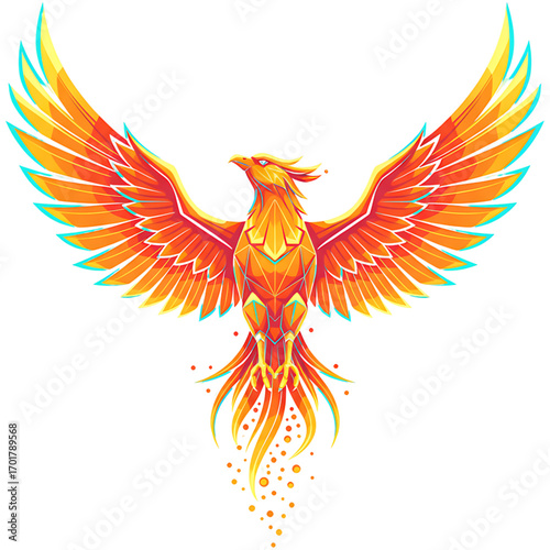 Mythical phoenix bird with fiery orange wings spread wide in a modern geometric style, a powerful symbol of rebirth and immortality