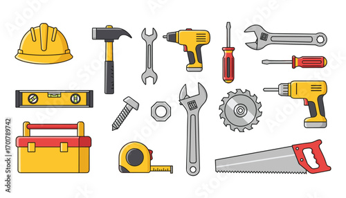 Collection of diverse construction and repair tools: Hammer, drill, and other equipment