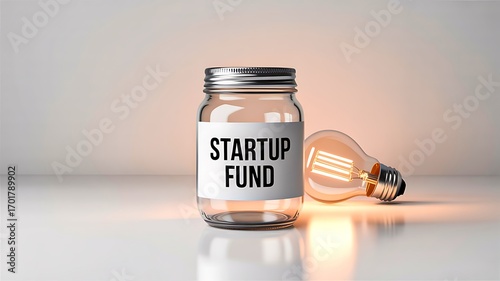 A glass jar labeled startup fund with a glowing light bulb beside it
