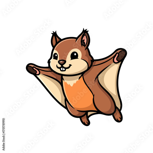 Cute smiling flying squirrel character gliding through the air, a friendly and playful vector illustration for nature, wildlife, and adventure.
