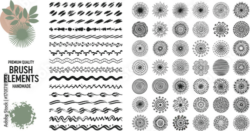 Handmade brush elements, floral details, and mandala designs for versatile creative projects and artistic applications