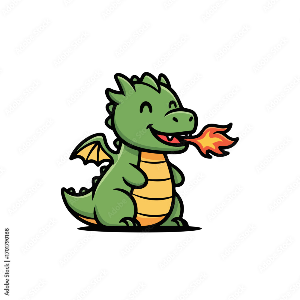 Obraz premium Cute smiling baby dragon breathing fire, a playful and adorable vector illustration for fantasy, gaming, and mythical creature concepts.